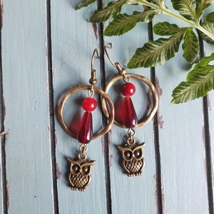 Handmade Boho Red Czech Glass Teaedrops × Bronze Owl Rustic Earrings